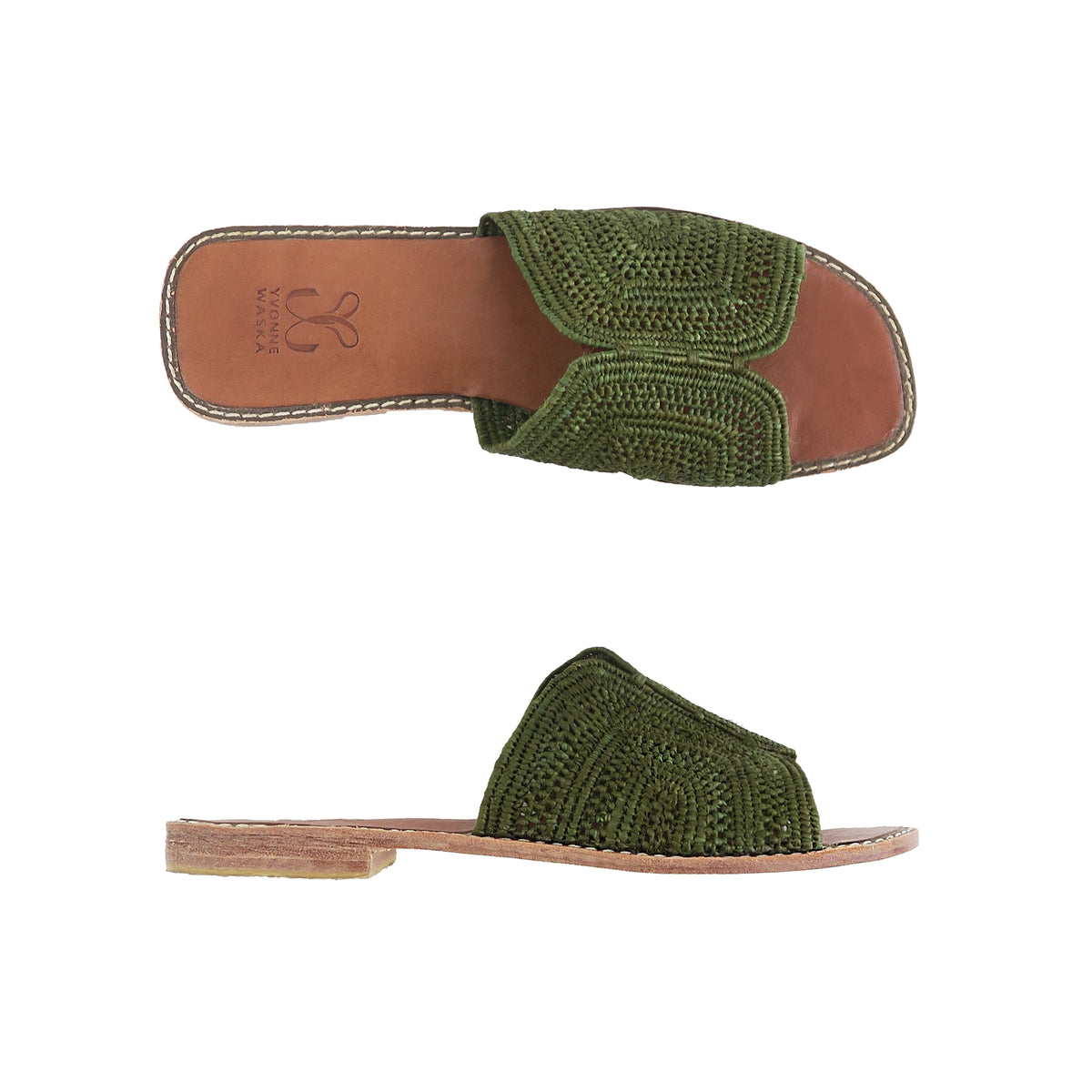 Yvonne Waska mules Hadrienne fait main en raphia naturel vert kaki