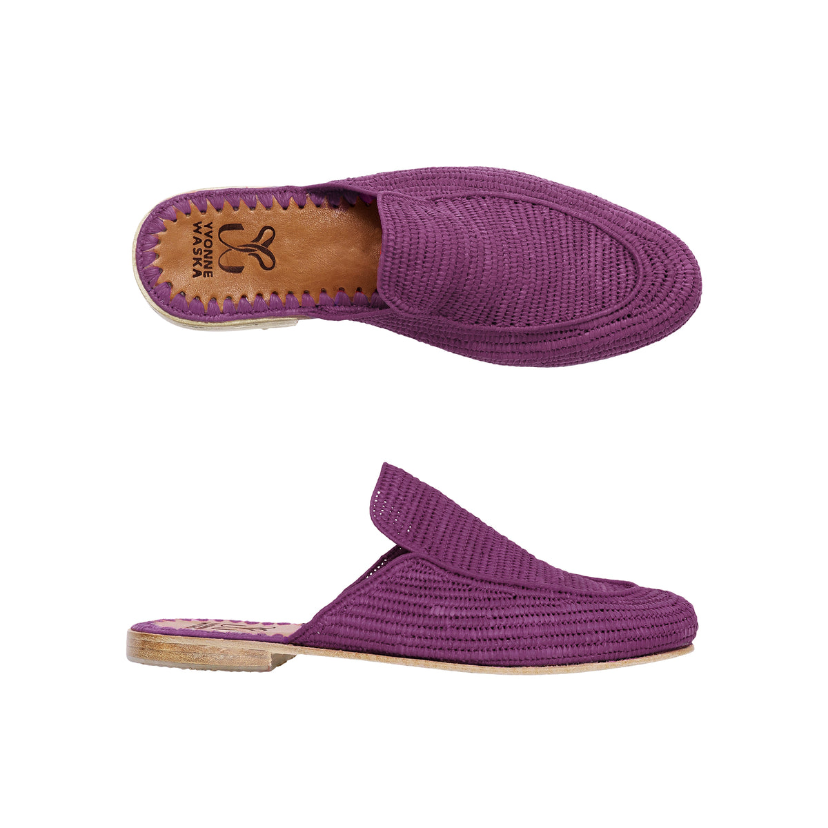 Yvonne Waska mules Marnie fait main en raphia naturel violet