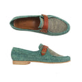 Yvonne Waska mocassins bicolore Garbo fait main en raphia naturel vert sauge et gris